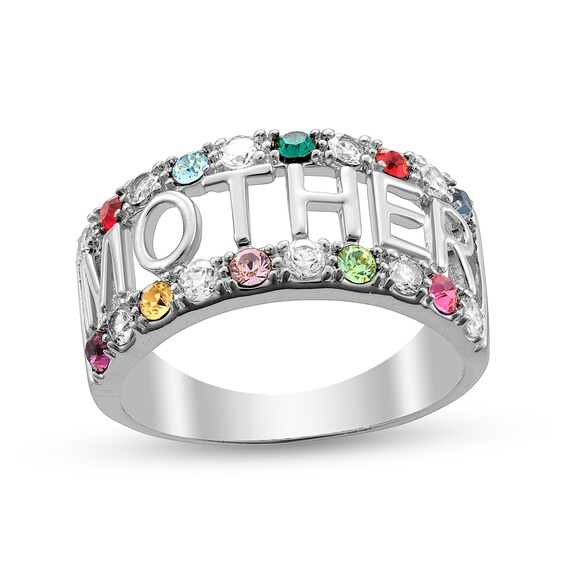 Mother's Simulated Birthstone and White Topaz Alternating Border "Mother" Open Shank Ring (2-10 Stones)