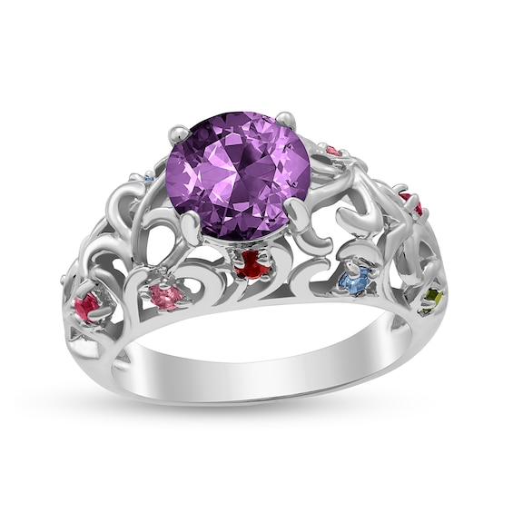 Mother's 8.0mm Simulated Birthstone Filigree Lattice Dome Ring (3-11 Stones)