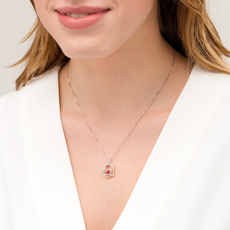 4.0mm Lab-Created Ruby and White Sapphire Tilted Double Heart Pendant in Sterling Silver and 14K Gold Plate