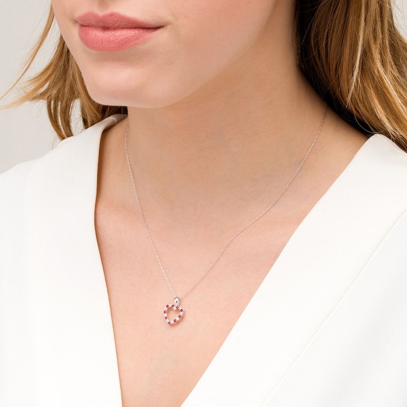 Main Image 2 of Alternating Ruby and White Sapphire Heart Outline Pendant in Sterling Silver