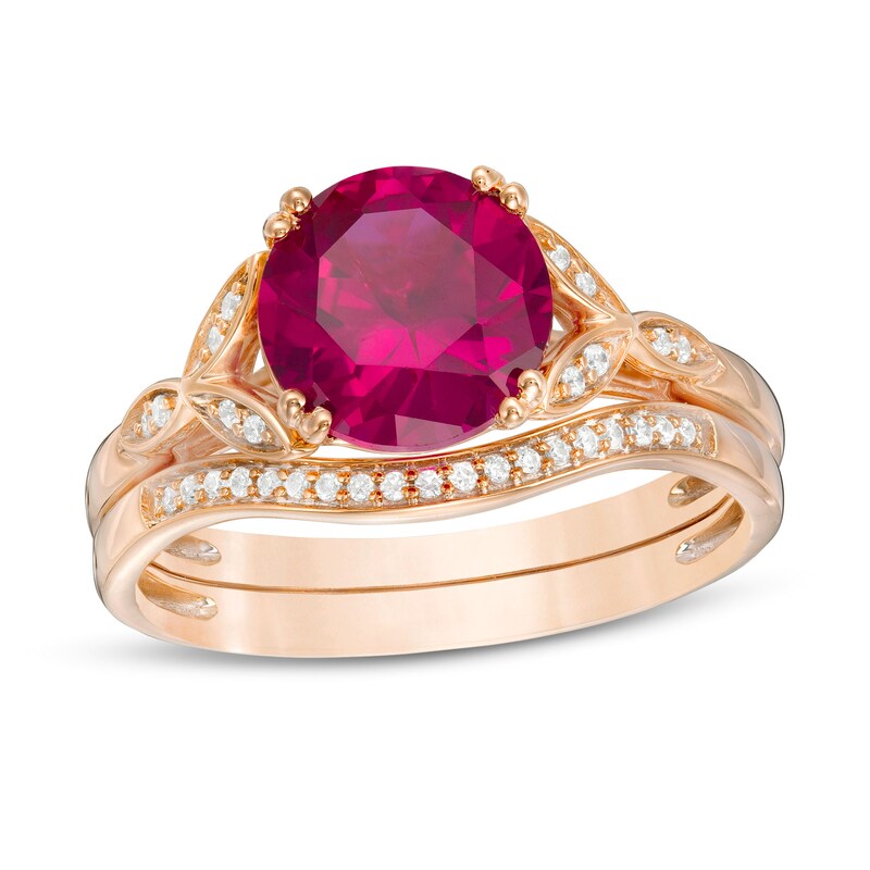 Main Image 1 of 8.0mm Lab-Created Ruby and 1/10 CT. T.W. Diamond Leaf Sides Bridal Set in 10K Rose Gold