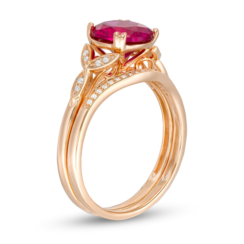 Main Image 3 of 8.0mm Lab-Created Ruby and 1/10 CT. T.W. Diamond Leaf Sides Bridal Set in 10K Rose Gold
