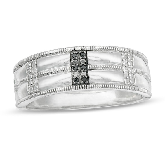 1/20 CT. T.w. Enhanced Black and White Diamond Double Row Milgrain Ring in Sterling Silver