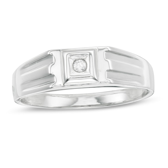 Men's Diamond Accent Solitaire Square Top Groove Ring in Sterling Silver Men's Diamond Accent Solitaire Square Top Groove Ring in Sterling Silver