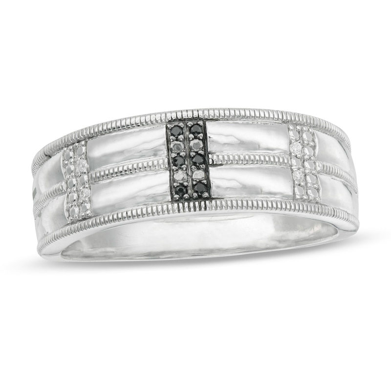 Men's 1/20 CT. T.W. Enhanced Black and White Diamond Double Row Milgrain Ring in Sterling Silver