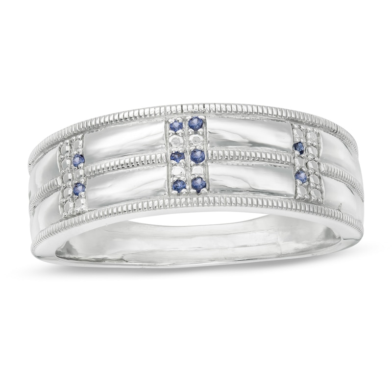 Men's Lab-Created Blue Sapphire Double Row Milgrain Ring in Sterling Silver