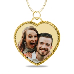 Engravable Photo Rope Frame Heart Pendant in 10K White, Yellow or Rose Gold (1 Image and 3 Lines)