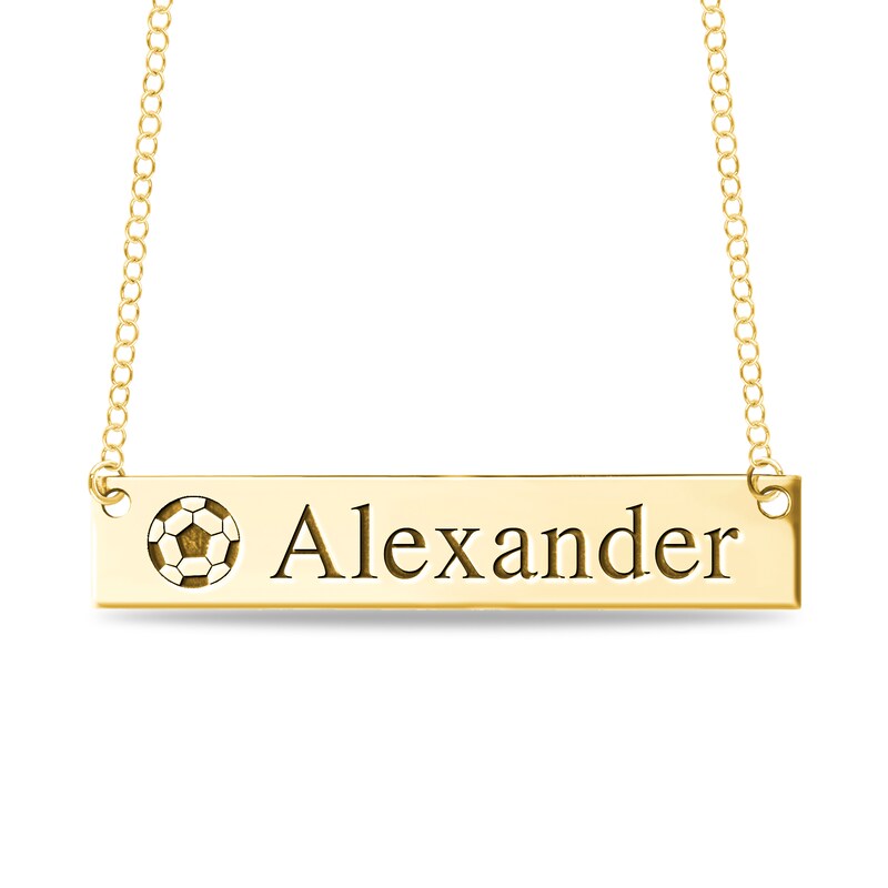 Engravable Name Soccer Ball Bar Sport Necklace in 10K White, Yellow or Rose Gold (2 Lines)