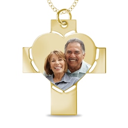 Engravable Photo Perforated Heart Cross Pendant in 10K White, Yellow or Rose Gold (1 Image and 2 Lines)