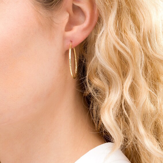 30.0mm Diamond-Cut Tube Hoop Earrings in 10K Gold
