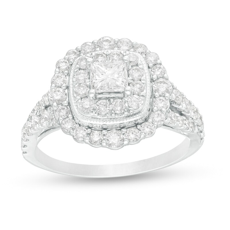 1-1/2 CT. T.W. Princess-Cut Diamond Scallop Frame Vintage-Style Engagement Ring in 14K White Gold