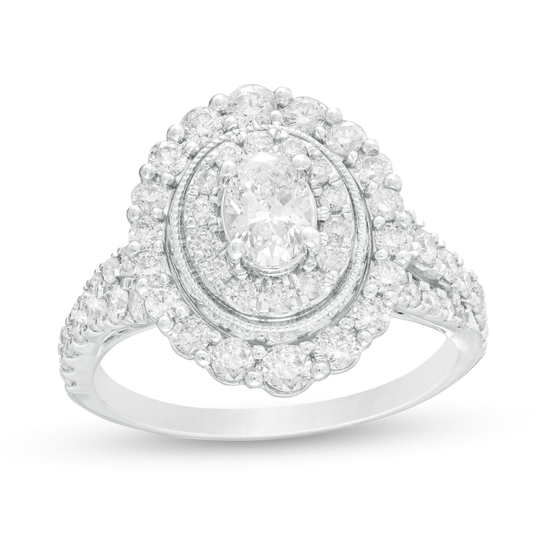 Main Image 1 of 1-1/2 CT. T.W. Oval Diamond Double Frame Vintage-Style Engagement Ring in 14K White Gold