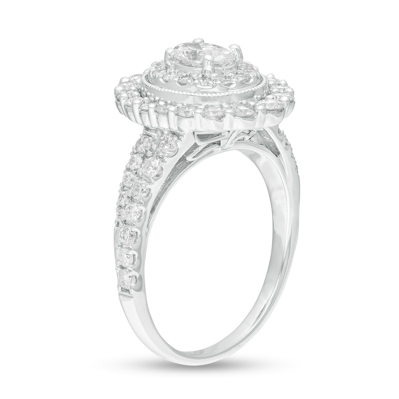 Main Image 3 of 1-1/2 CT. T.W. Oval Diamond Double Frame Vintage-Style Engagement Ring in 14K White Gold