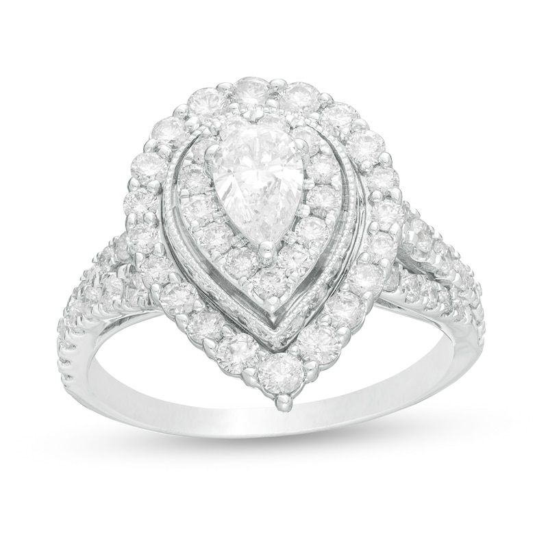 Main Image 1 of 1-1/2 CT. T.W. Pear-Shaped Diamond Double Frame Vintage-Style Engagement Ring in 14K White Gold