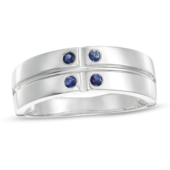 Men's Lab-Created Blue Sapphire Quad Cross-Groove Ring in Sterling ...