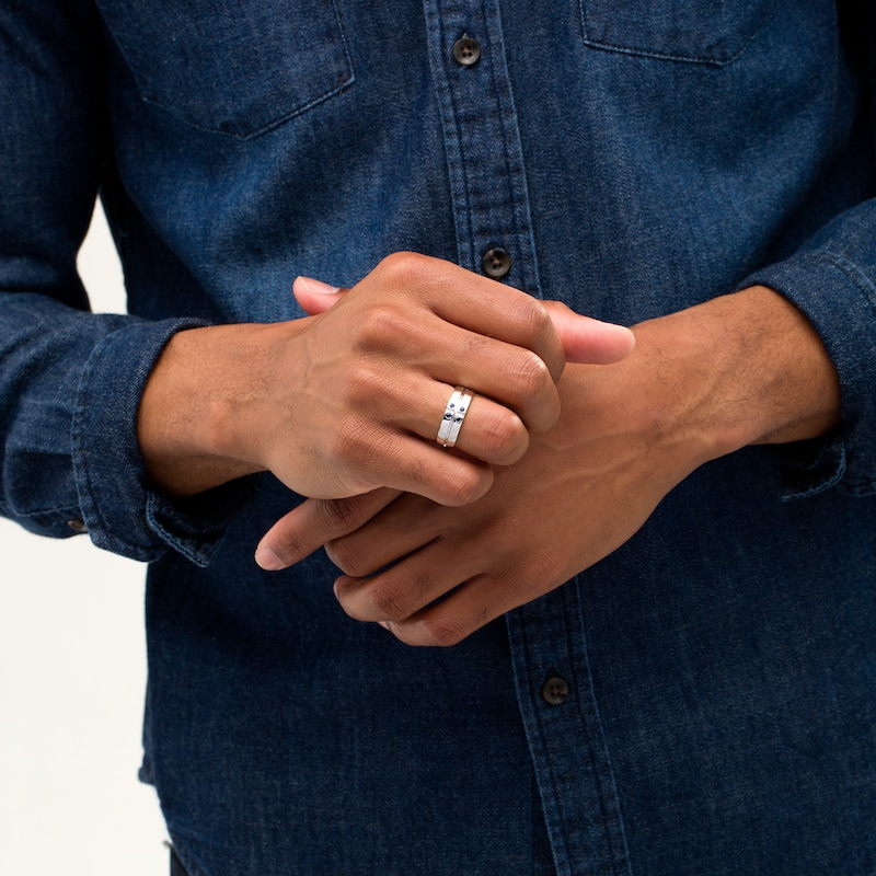 Men's Lab-Created Blue Sapphire Quad Cross-Groove Ring in Sterling Silver