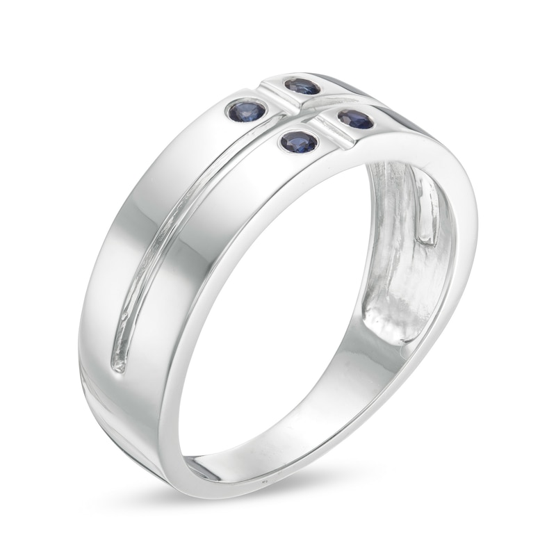 Main Image 3 of Lab-Created Blue Sapphire Quad Cross-Groove Ring in Sterling Silver