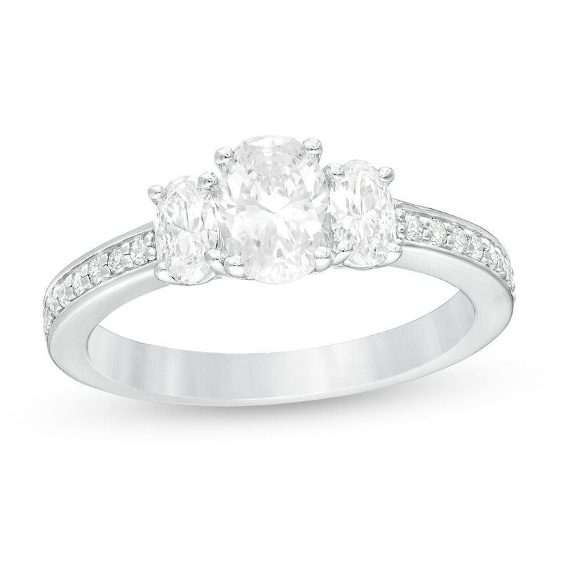 Main Image 1 of 1-1/2 CT. T.W. Certified Oval Lab-Grown Diamond Lined Past Present Future® Engagement Ring in 14K White Gold (G/SI2)