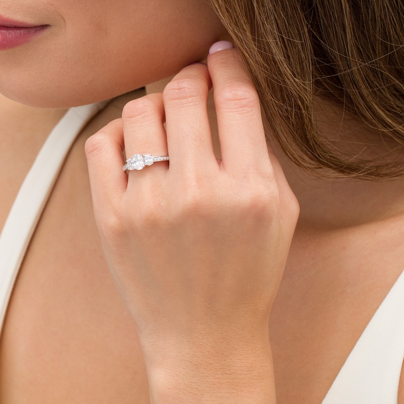 Main Image 2 of 1-1/2 CT. T.W. Certified Oval Lab-Grown Diamond Lined Past Present Future® Engagement Ring in 14K White Gold (G/SI2)