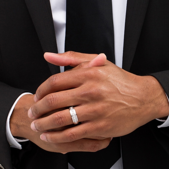 Men's 1/2 CT. T.W. Diamond Satin Wedding Band in 10K White Gold Men's 1/2 CT. T.W. Diamond Satin Wedding Band in 10K White Gold