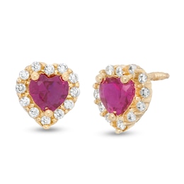 Child's 4.0mm Heart-Shaped Lab-Created Ruby and Cubic Zirconia Frame Heart Stud Earrings in 14K Gold