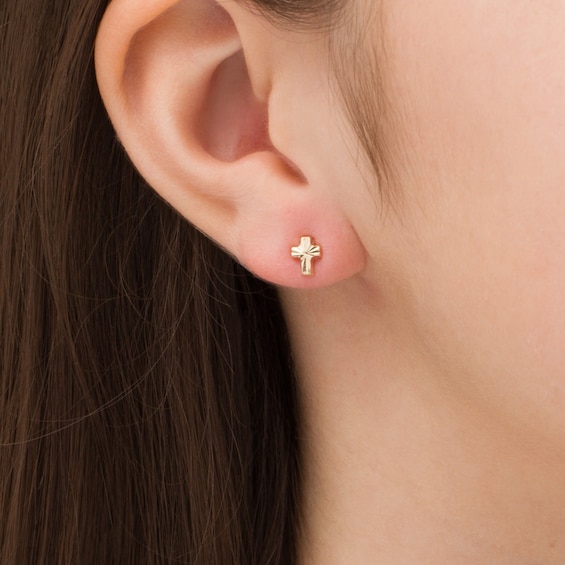 Child's Diamond-Cut Cross Stud Earrings in 14K Gold