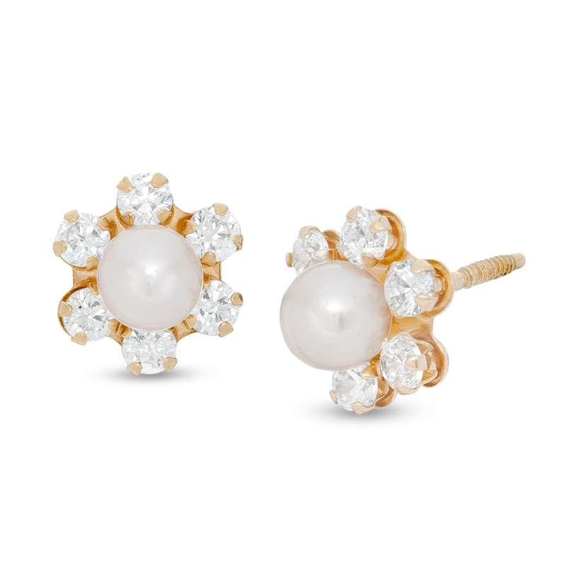 Main Image 1 of Child's 3.75-4.0mm Freshwater Cultured Pearl and Cubic Zirconia Flower Frame Stud Earrings in 14K Gold