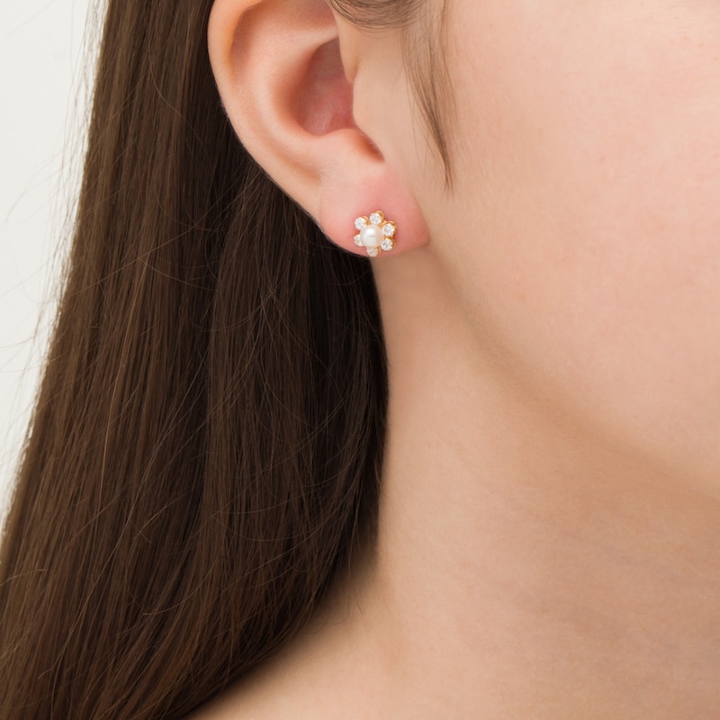 Main Image 2 of Child's 3.75-4.0mm Freshwater Cultured Pearl and Cubic Zirconia Flower Frame Stud Earrings in 14K Gold