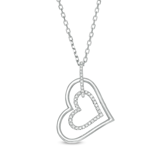 Vera Wang Love Collection 1/8 CT. T.w. Diamond Tilted Double Heart Outline Pendant in Sterling Silver - 19"