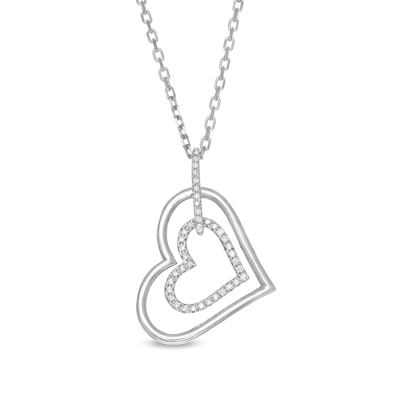Vera Wang Love Collection 1/8 CT. T.w. Diamond Tilted Double Heart Outline Pendant in Sterling Silver - 19"