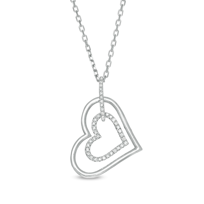 Vera Wang Love Collection 1/8 CT. T.W. Diamond Tilted Double Heart Outline Pendant in Sterling Silver - 19"