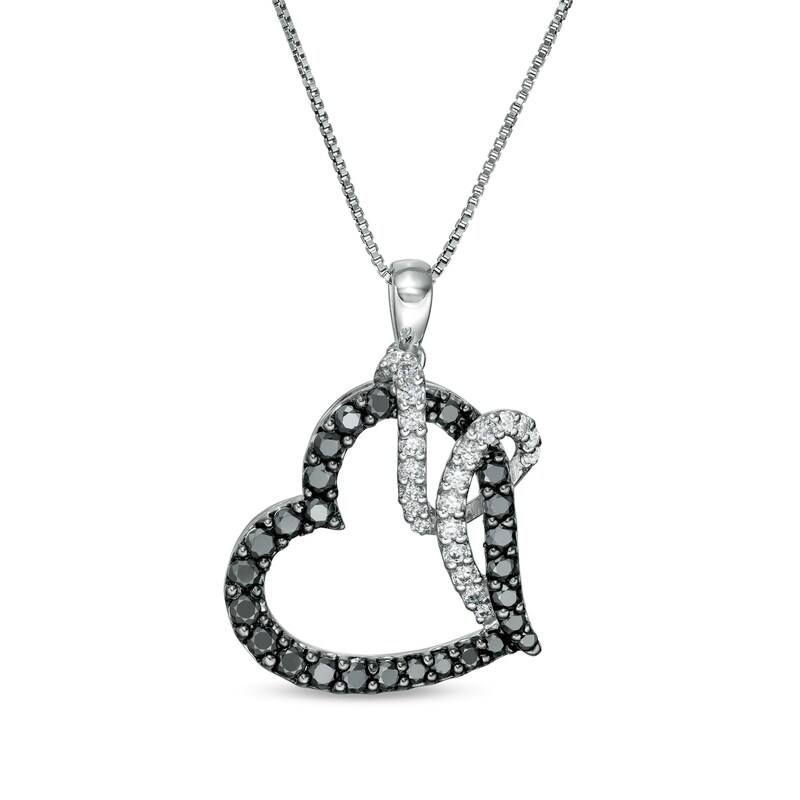 Main Image 1 of 1 CT. T.W. Enhanced Black and White Diamond Ribbon Tilted Heart Pendant in 10K White Gold
