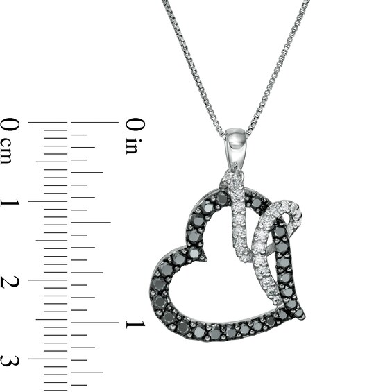 1 CT. T.w. Enhanced Black and White Diamond Ribbon Tilted Heart Pendant in 10K White Gold