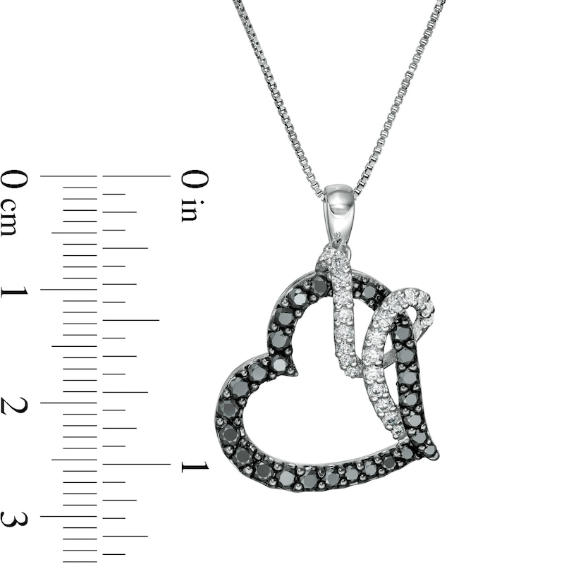 Main Image 3 of 1 CT. T.W. Enhanced Black and White Diamond Ribbon Tilted Heart Pendant in 10K White Gold