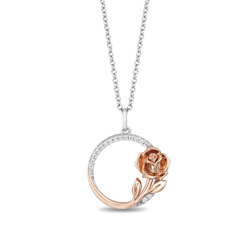 Main Image 1 of Enchanted Disney Belle 1/10 CT. T.W. Diamond Rose and Circle Pendant in Sterling Silver and 10K Rose Gold - 19"