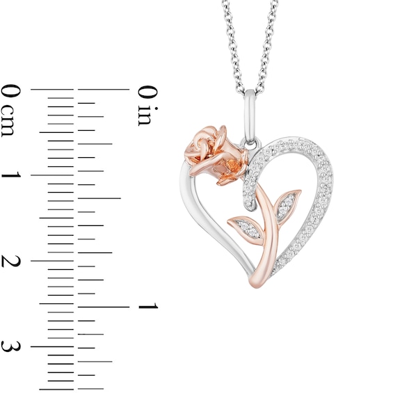 Enchanted Disney Belle 1/10 CT. T.w. Diamond Rose and Heart Pendant in Sterling Silver and 10K Rose Gold - 19"