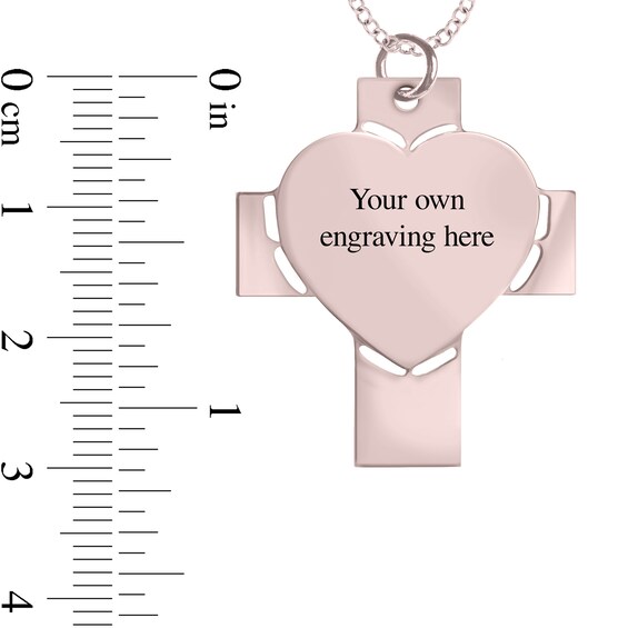 Engravable Photo Perforated Heart Cross Pendant in 14K White, Yellow or Rose Gold (1 Image and 2 Lines)