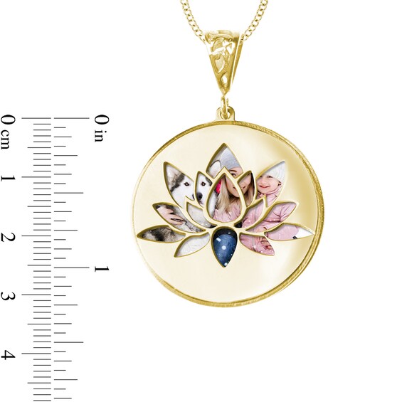 Engravable Photo Lotus Flower Swivel Disc Pendant in 14K White, Yellow or Rose Gold (1 Image and 4 Lines)