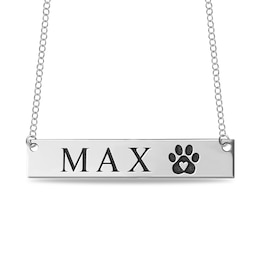 Engravable Name Heart in Paw Print Bar Pet Necklace in 14K White, Yellow or Rose Gold (2 Lines)