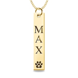 Engravable Name Heart in Paw Print Vertical Bar Pet Pendant in 14K White, Yellow or Rose Gold (2 Lines)
