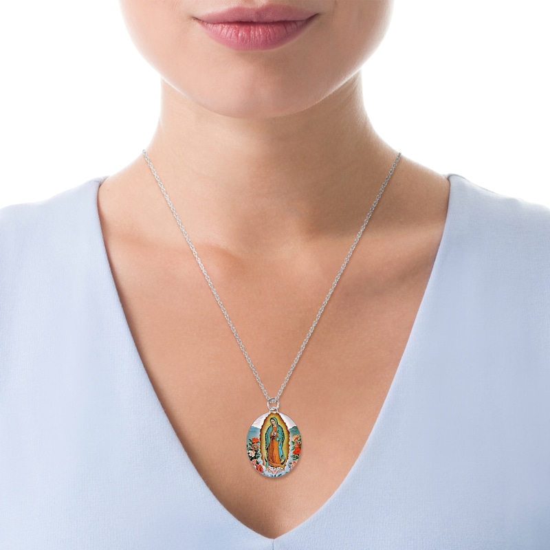 Engravable Enamel Our Lady of Guadalupe Oval Pendant in 14K White, Yellow or Rose Gold (3 Lines)