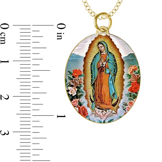 Engravable Enamel Our Lady of Guadalupe Oval Pendant in 14K White, Yellow or Rose Gold (3 Lines)