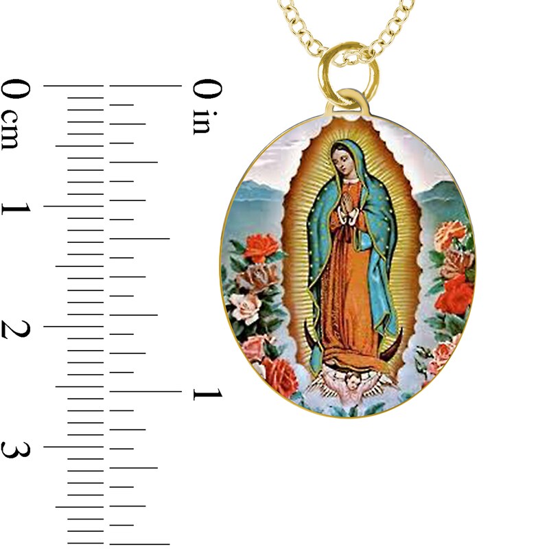 Engravable Enamel Our Lady of Guadalupe Oval Pendant in 14K White, Yellow or Rose Gold (3 Lines)