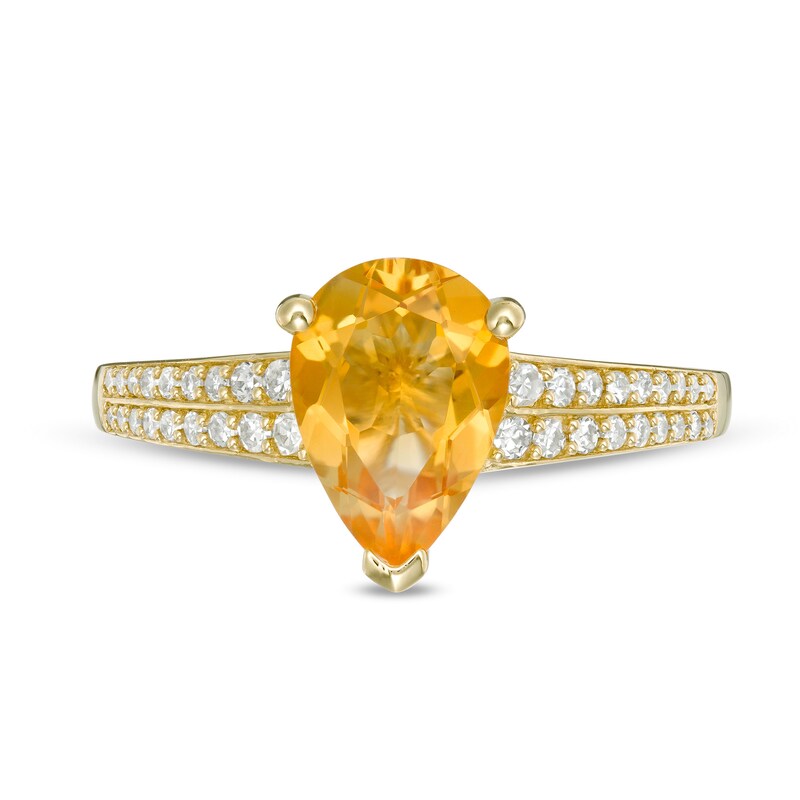 Pear-Shaped Citrine and 1/5 CT. T.W. Diamond Double Row Ring in 10K Gold