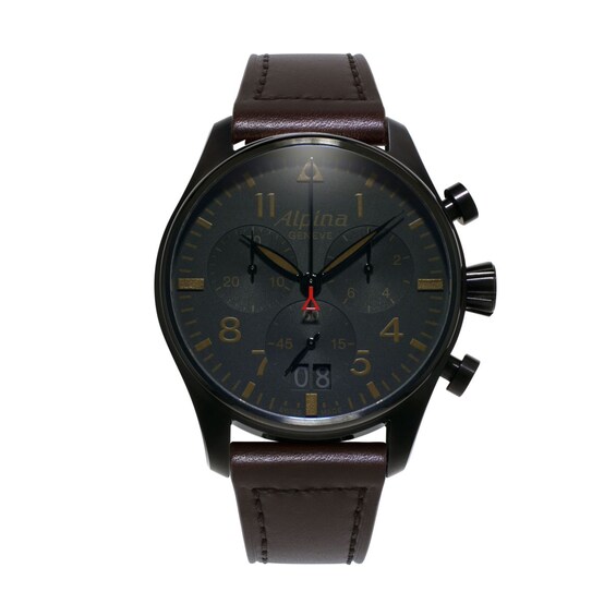 Men's Alpina Startimer Pilot Chronograph Big Date Black PVD Strap Watch with Black Dial (Model: Al-372Bbg4Fbs6)