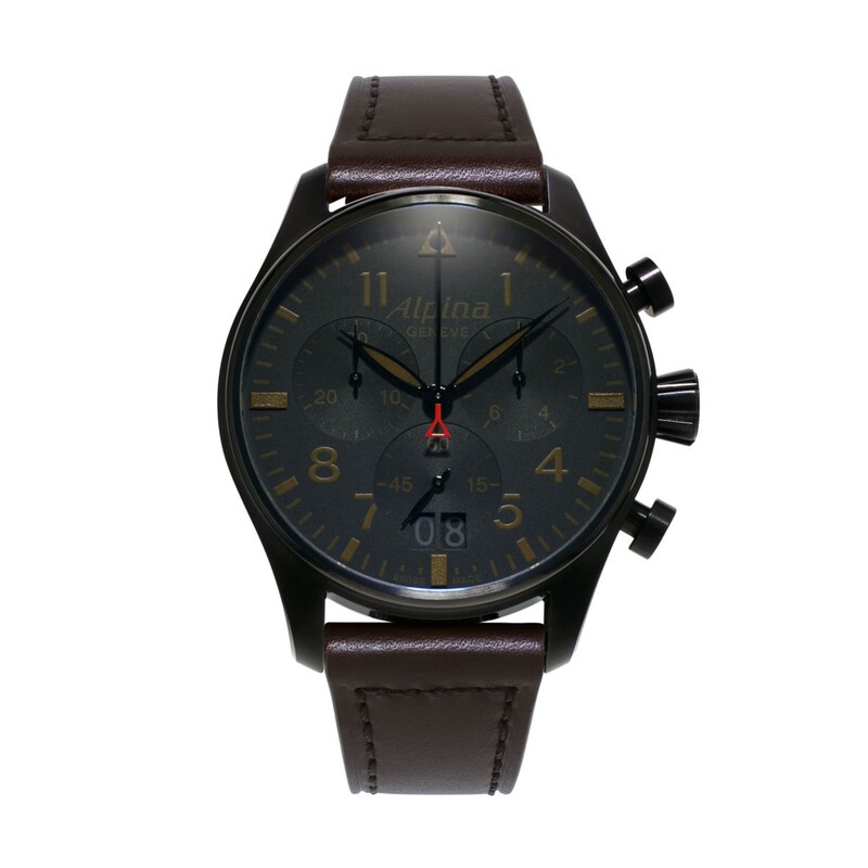 Main Image 1 of Men's Alpina Startimer Pilot Chronograph Big Date Black PVD Strap Watch with Black Dial (Model: AL-372BBG4FBS6)