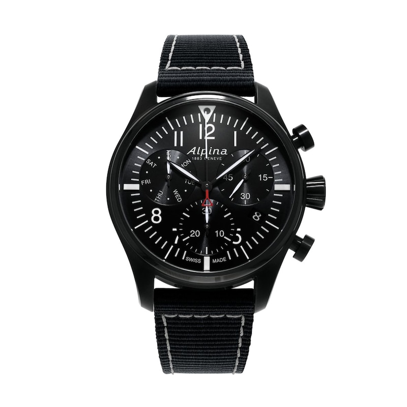 Men's Alpina Startimer Pilot Chronograph Date Strap Watch with Black Dial (Model: AL-371BB4FBS6)