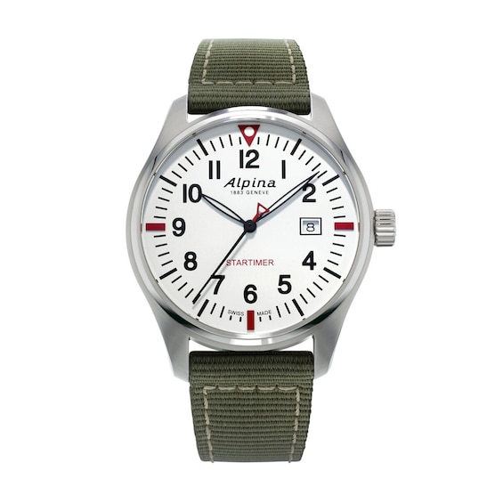 Men's Alpina Startimer Pilot Strap Watch with White Dial (Model: Al-240S4S6)