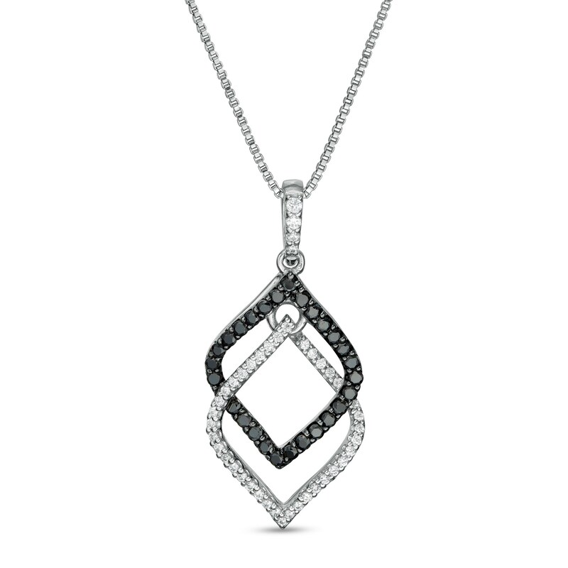 Main Image 1 of 1/3 CT. T.W. Enhanced Black and White Diamond Double Flame Pendant in 10K White Gold