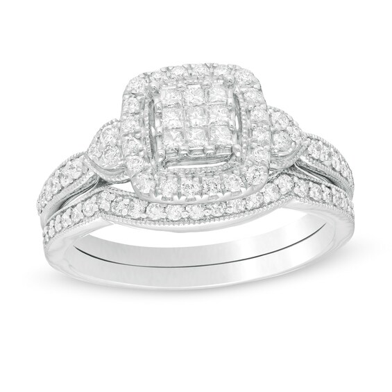 5/8 CT. T.W. Composite Princess-Cut Diamond Frame Tri-Sides Vintage-Style Bridal Set in 10K White Gold 5/8 CT. T.W. Composite Princess-Cut Diamond Frame Tri-Sides Vintage-Style Bridal Set in 10K White Gold